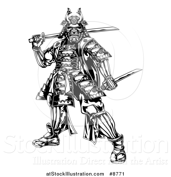 Vector Illustration of a Black and White Engraved Samurai Warrior Holding Swords