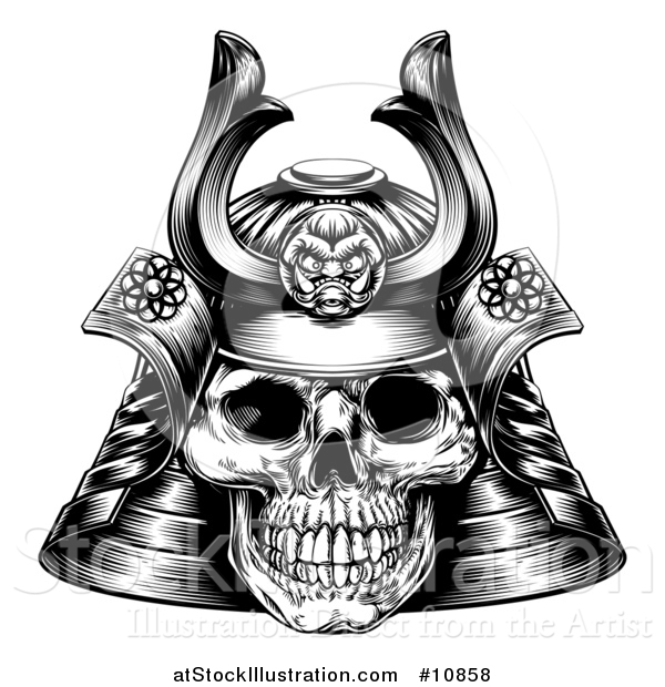 Vector Illustration of a Black and White Engraved Skull Asian Samurai Mask