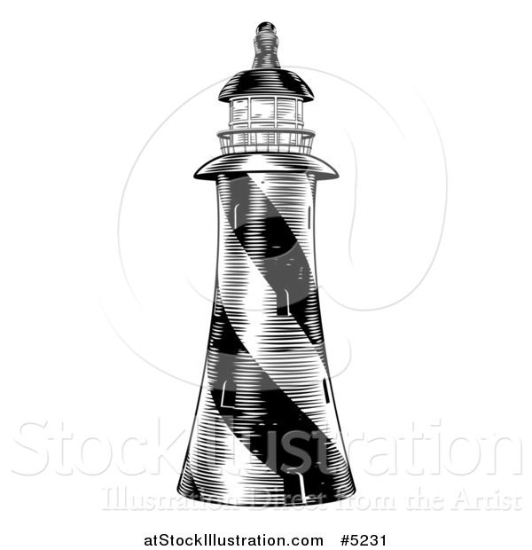 Vector Illustration of a Black and White Engraved Striped Lighthouse