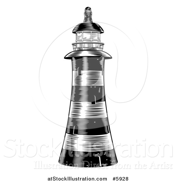 Vector Illustration of a Black and White Engraved Striped Lighthouse