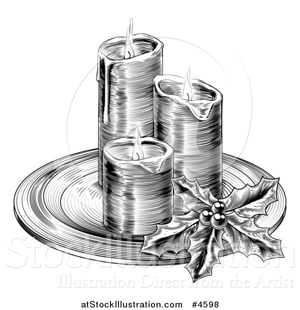 Vector Illustration of a Black and White Engraving of Christmas Candles with Holly