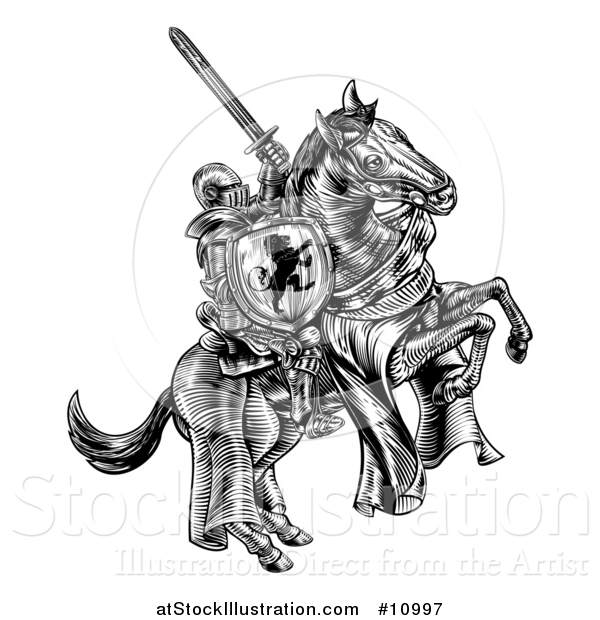 Vector Illustration of a Black and White Etched or Woodcut Medieval Knight on a Horse, Holding a Sword and Shield