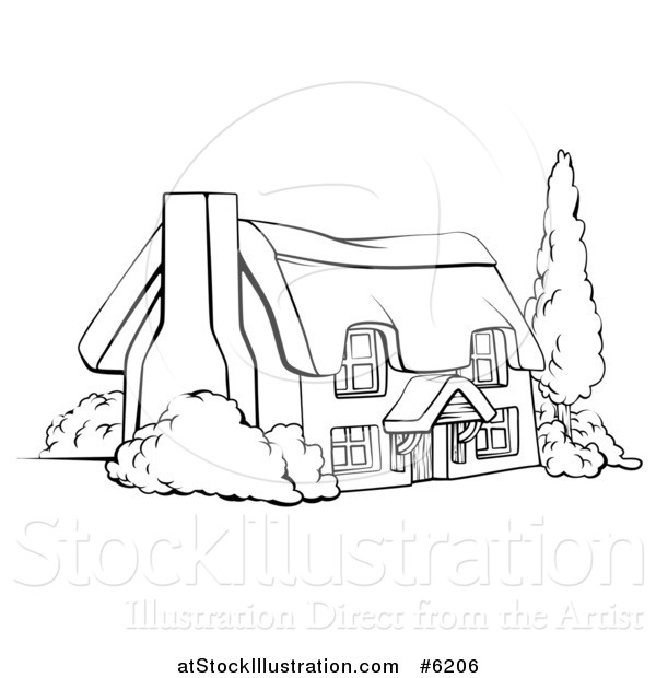 Vector Illustration of a Black and White Farm Cottage with Shrubs and a Tree