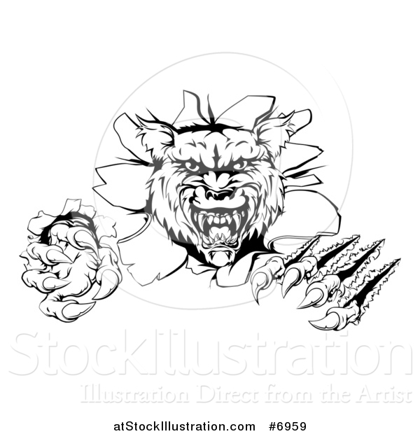 Vector Illustration of a Black and White Ferocious Wolf Shredding Through a Wall