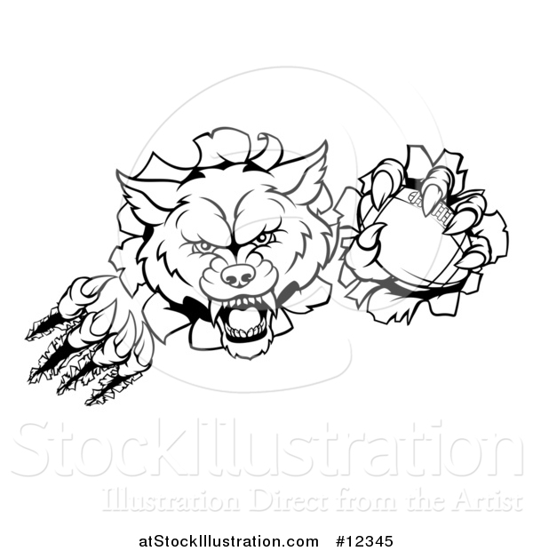 Vector Illustration of a Black and White Ferocious Wolf Slashing Through a Wall with a Football