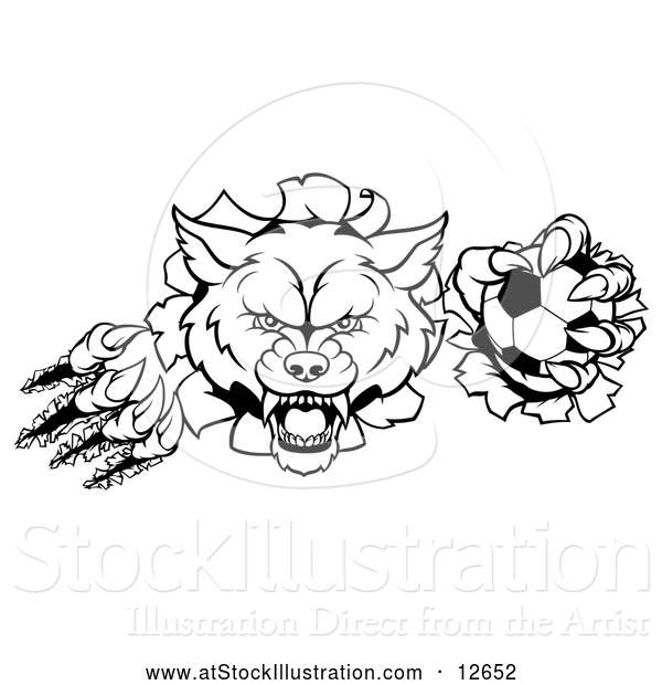 Vector Illustration of a Black and White Ferocious Wolf Slashing Through a Wall with a Soccer Ball
