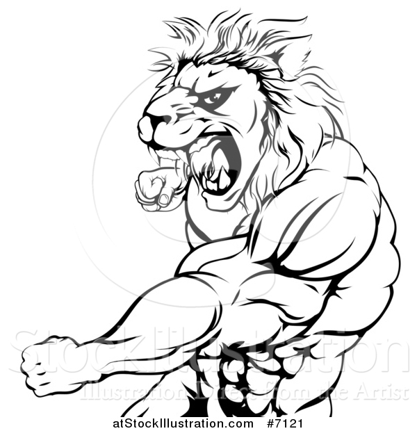 Vector Illustration of a Black and White Fierce Angry Muscular Lion Man Punching and Roaring