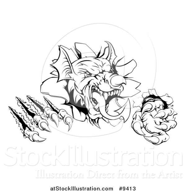 Vector Illustration of a Black and White Fierce Welsh Dragon Mascot Head Slashing Through a Wall