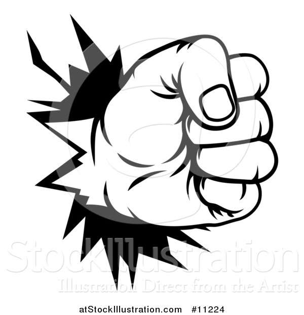 Vector Illustration of a Black and White Fist Punching a Hole Through a Wall