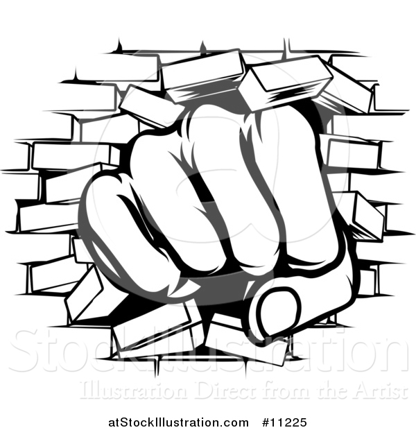 Vector Illustration of a Black and White Fist Punching Through a Brick Wall