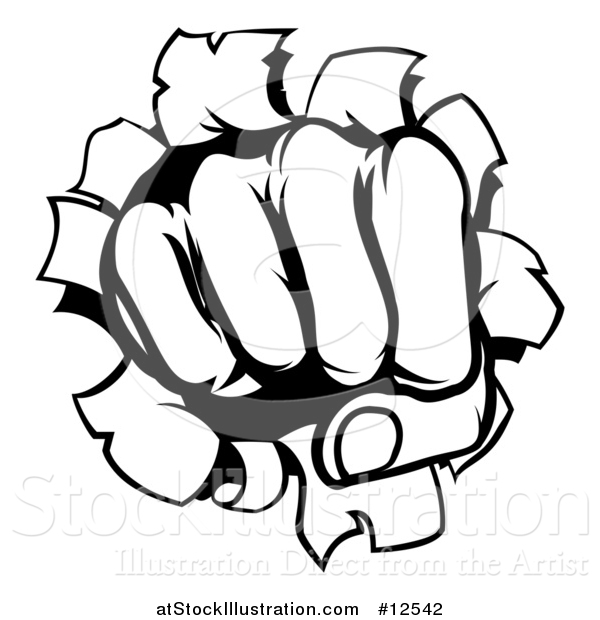 Vector Illustration of a Black and White Fisted Hand Punching a Hole Through a Wall