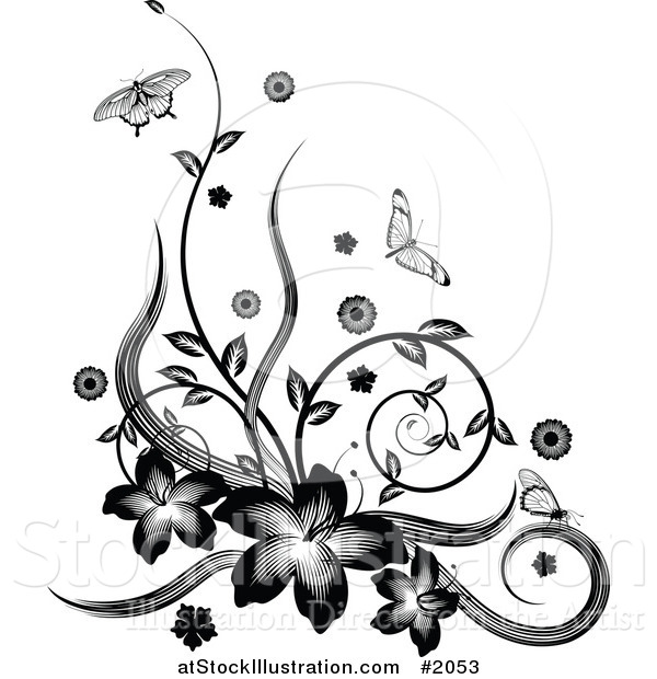 Vector Illustration of a Black and White Floral Vine Corner Design with Butterflies