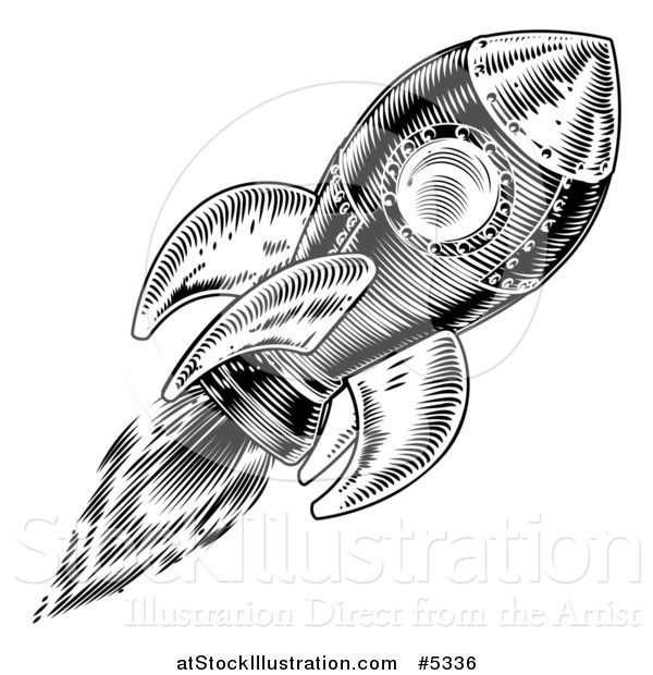 Vector Illustration of a Black and White Flying Rocket