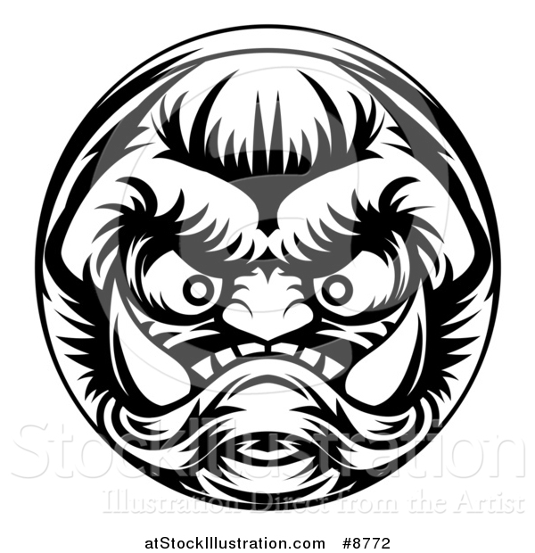 Vector Illustration of a Black and White Grinning Samurai Demon Monster Face