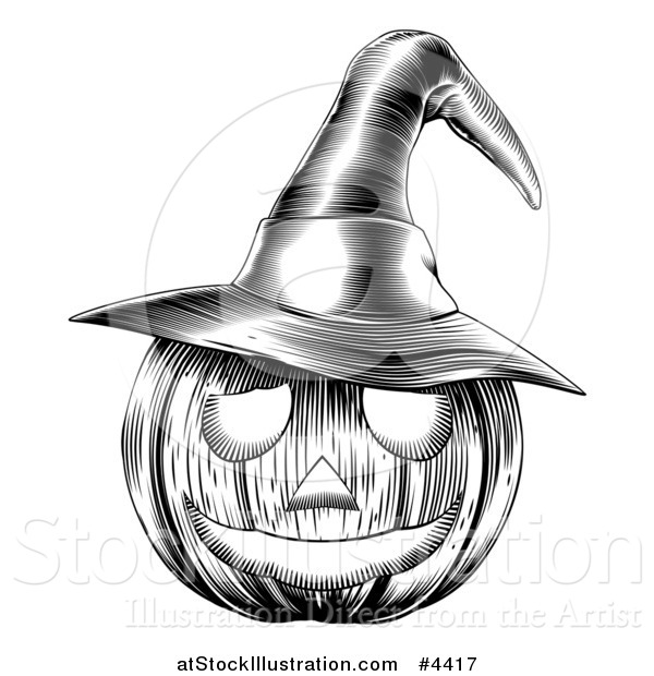 Vector Illustration of a Black and White Halloween Woodcut Jackolantern Pumpkin Wearing a Witch Hat