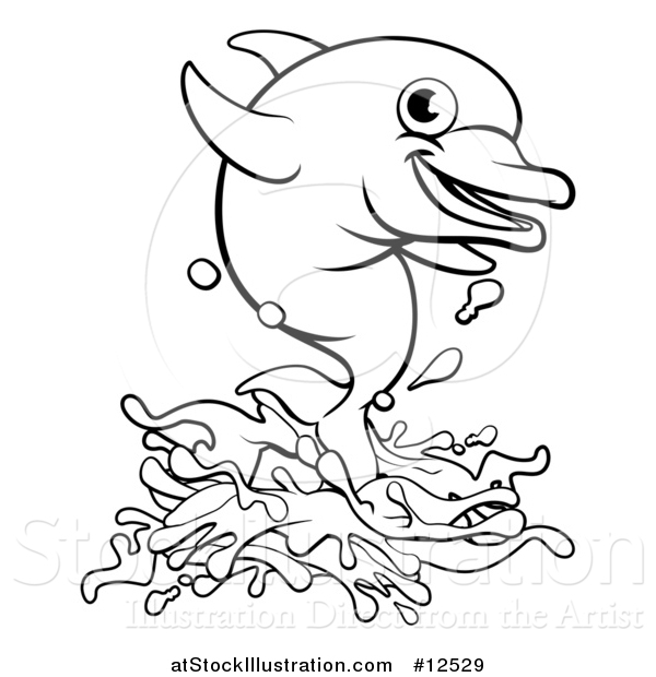 Vector Illustration of a Black and White Happy Dolphin Jumping