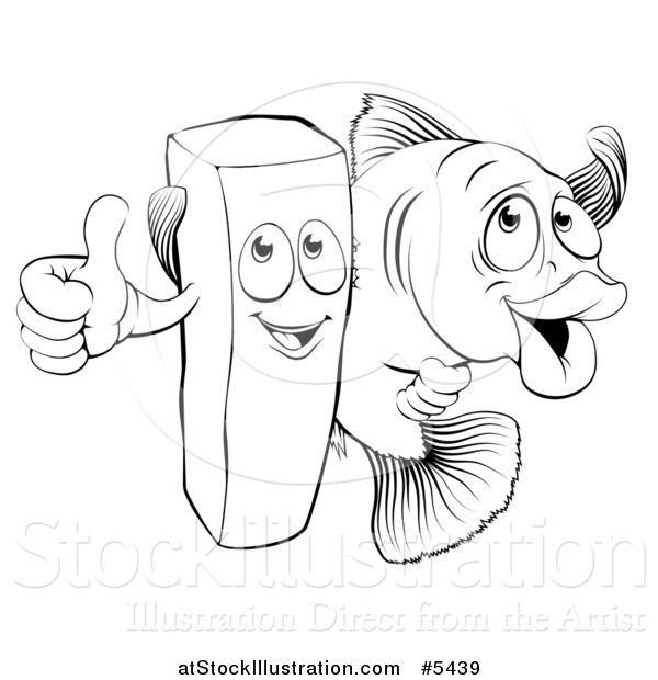 Vector Illustration of a Black and White Happy French Fry Chip and Fish