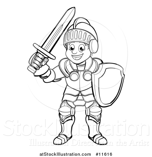 Vector Illustration of a Black and White Happy Knight in Full Armour