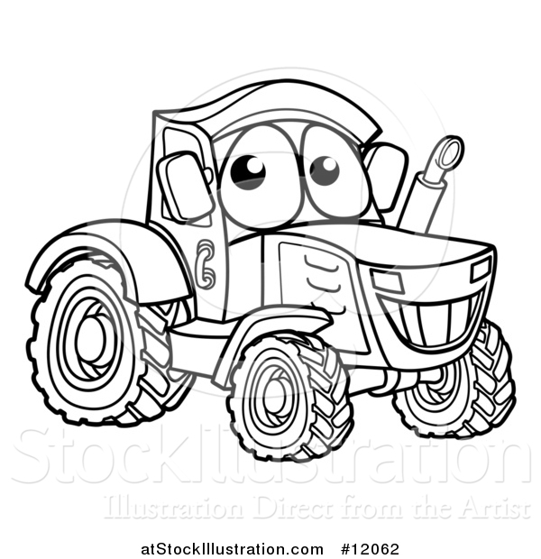 Vector Illustration of a Black and White Happy Tractor Mascot