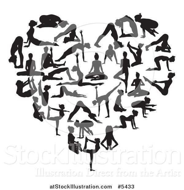 Vector Illustration of a Black and White Heart Made of Silhouetted Yoga and Pilates People