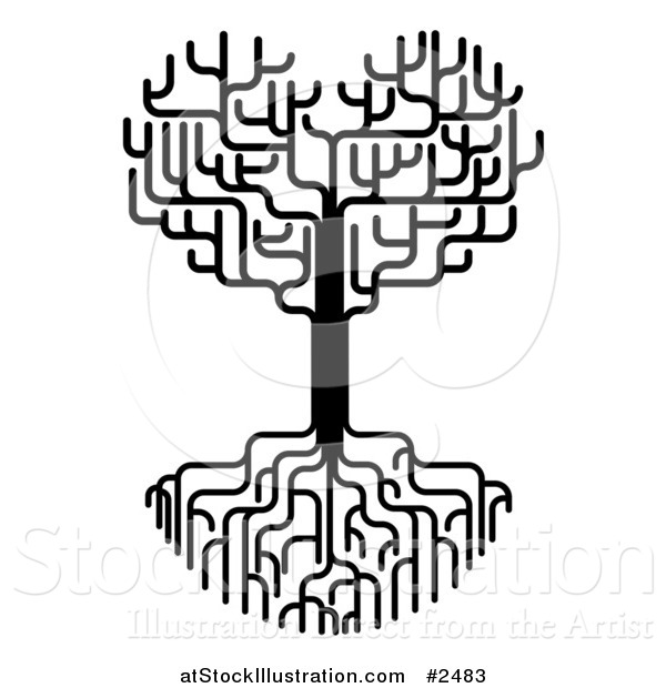 Vector Illustration of a Black and White Heart Tree with Bare Branches and Deep Roots