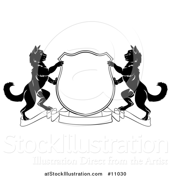 Vector Illustration of a Black and White Heraldic Coat of Arm Shield of Two Cats