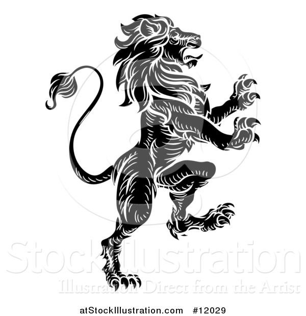 Vector Illustration of a Black and White Heraldic Rampant Lion