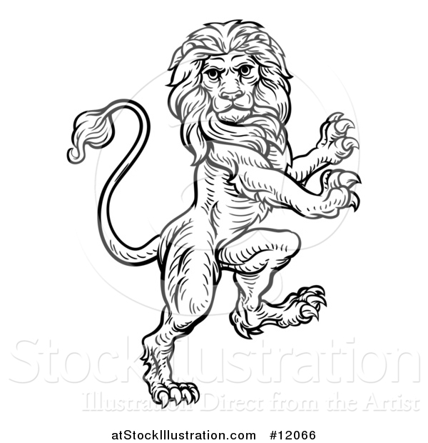 Vector Illustration of a Black and White Heraldic Rampant Lion