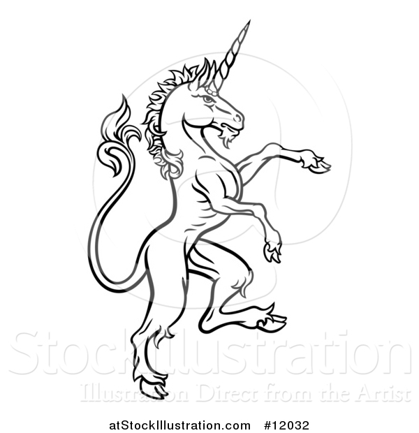 Vector Illustration of a Black and White Heraldic Rampant Unicorn in Profile