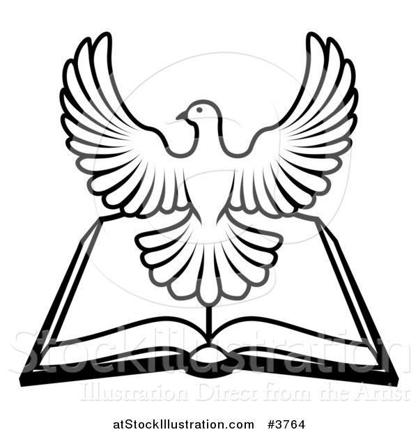 Vector Illustration of a Black and White Holy Spirit Dove over an Open Bible