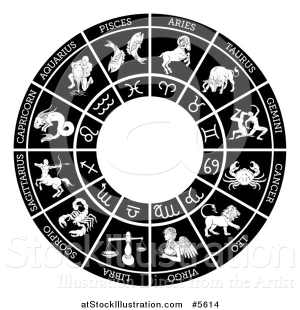 Vector Illustration of a Black and White Horoscope Astrology Star Sign Circle