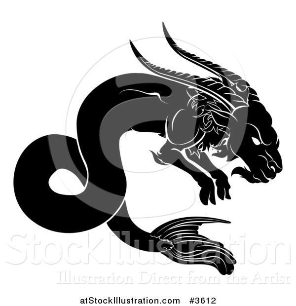 Vector Illustration of a Black and White Horoscope Zodiac Astrology Capricon Sea Goat