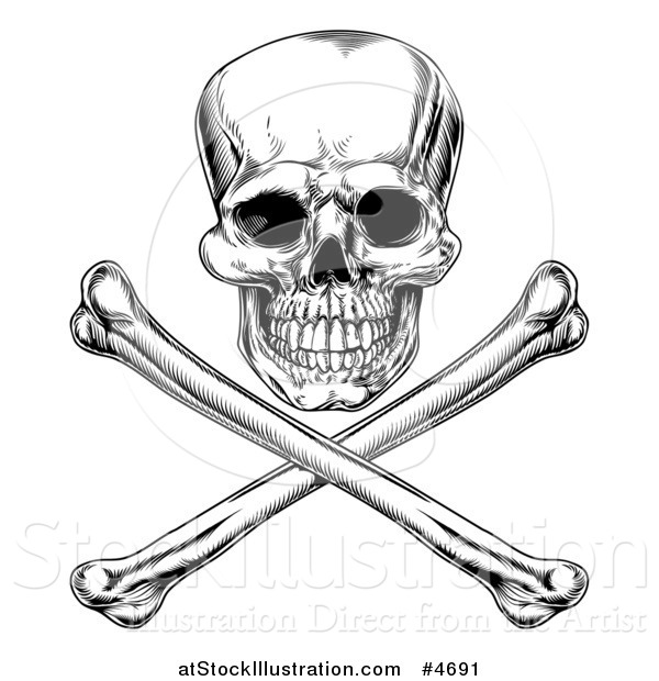 Vector Illustration of a Black and White Jolly Roger Skull and Crossbones