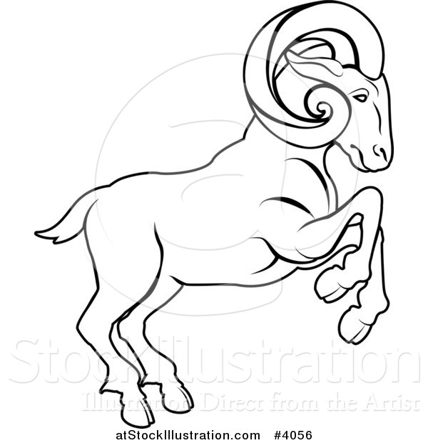 Vector Illustration of a Black and White Line Drawing of the Aries Ram Zodiac Astrology Sign