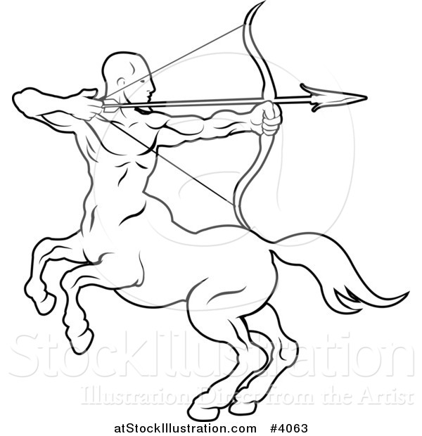 Vector Illustration of a Black and White Line Drawing of the Sagittarius Centaur Archer Zodiac Astrology Sign