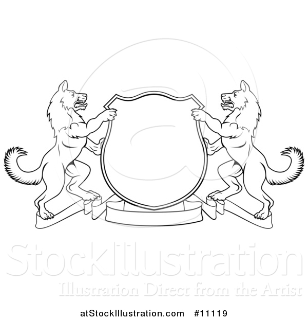 Vector Illustration of a Black and White Lineart Alsatian Coat of Arms Shield with a Ribbon