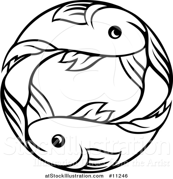 Vector Illustration of a Black and White Lineart Double Pisces Fish Astrology Zodiac Horoscope