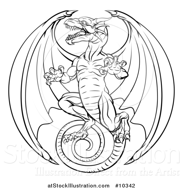 Vector Illustration of a Black and White Lineart Dragon