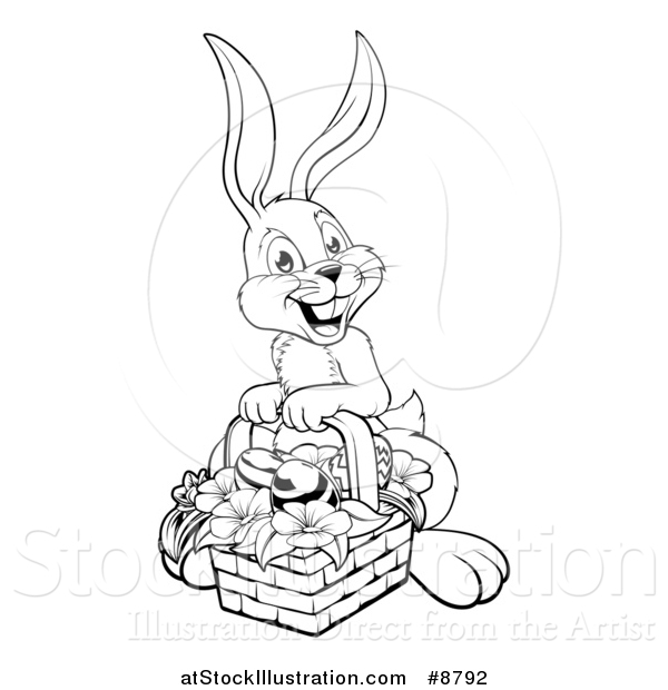 Vector Illustration of a Black and White Lineart Happy Easter Bunny Rabbit with a Basket of Eggs and Flowers