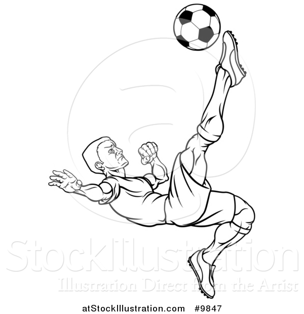 Vector Illustration of a Black and White Lineart Male Soccer Football Player Kicking the Ball