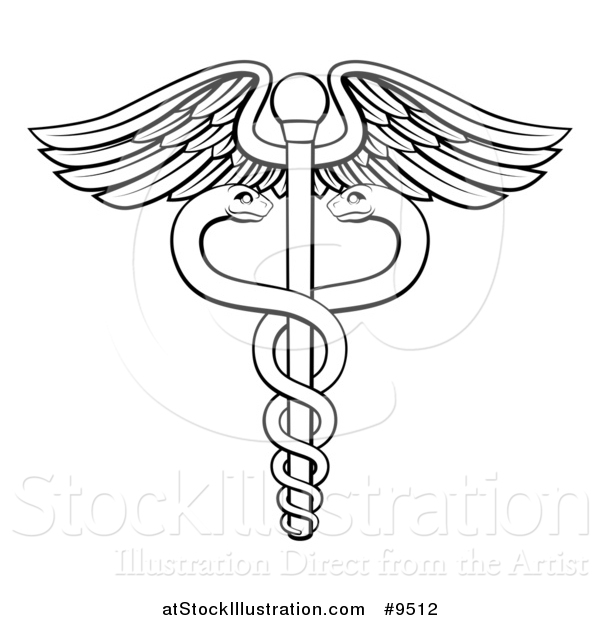 Vector Illustration of a Black and White Lineart Medical Caduceus with Snakes on a Winged Rod