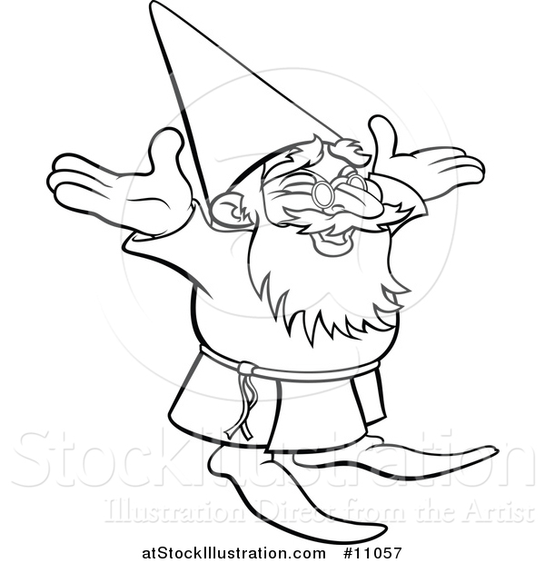 Vector Illustration of a Black and White Lineart Old Wizard Cheering