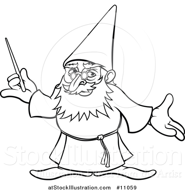 Vector Illustration of a Black and White Lineart Old Wizard Holding a Magic Wand