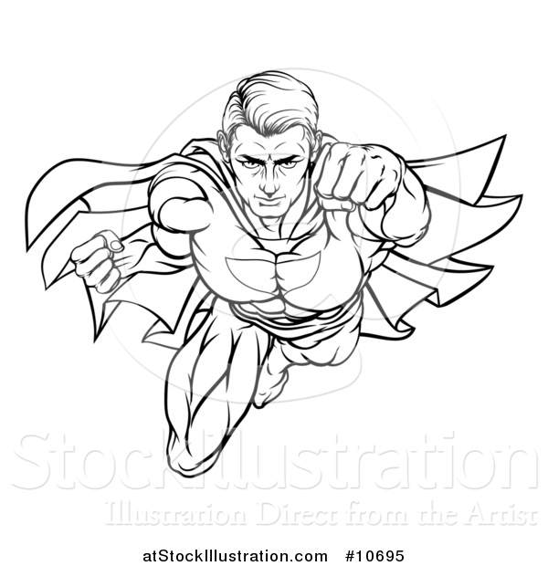 Vector Illustration of a Black and White Lineart Pop Art Comic Male Super Hero Flying Forward