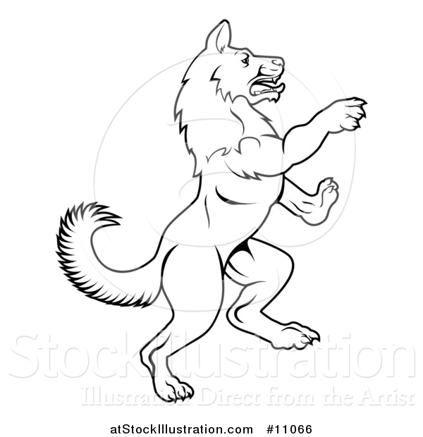 Vector Illustration of a Black and White Lineart Rearing Rampant Dog