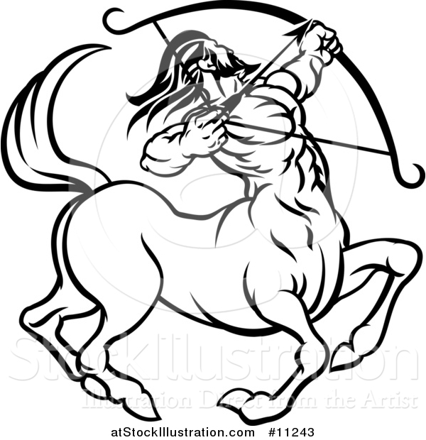 Vector Illustration of a Black and White Lineart Sagittarius Centaur Archer Astrology Zodiac Horoscope