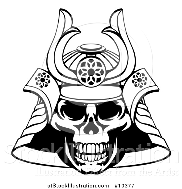 Vector Illustration of a Black and White Lineart Skull Asian Samurai Mask