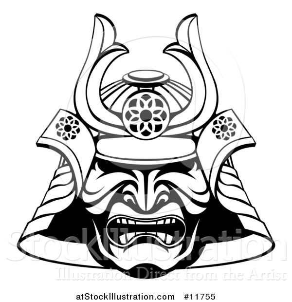 Vector Illustration of a Black and White Lineart Skull Asian Samurai Mask