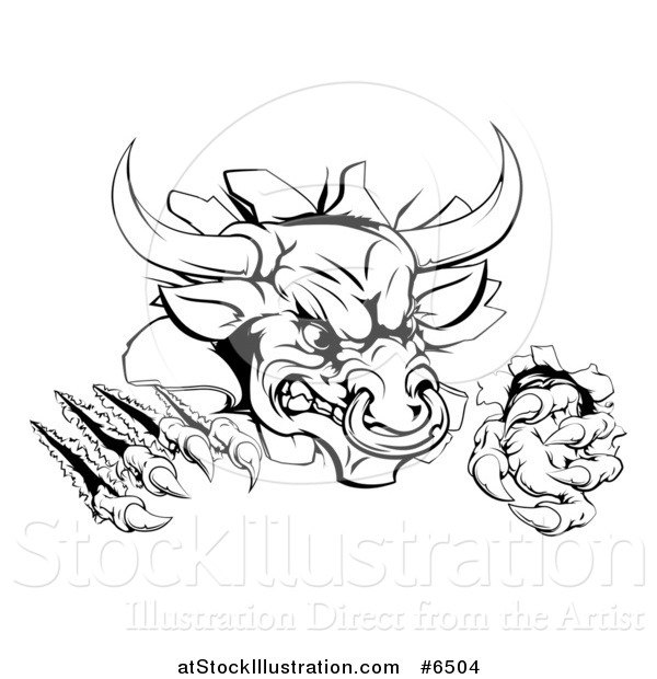 Vector Illustration of a Black and White Mad Aggressive Bull Monster Clawing Through a Wall