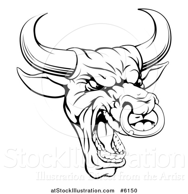Vector Illustration of a Black and White Mad Bull Mascot Head